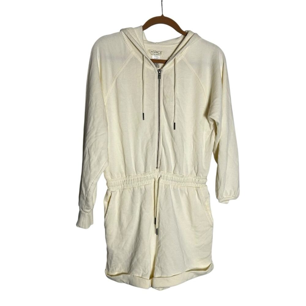 L*Space Stay Cool Romper in Cream 100% Cotton Long Sleeve Hooded Size Medium - Picture 1 of 3